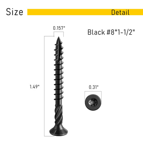 Top Shelf Deck Screws 150 Pack Size 8 X 1.5 Inch Torx Drive Structural Fasteners, black screw with detailed size dimensions.