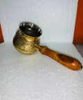 Turkish Greek Arabic Floral Brass Tone Stovetop Coffee Pot Cezve Ibrik Briki With Wooden Handle Handcrafted 180 Ml