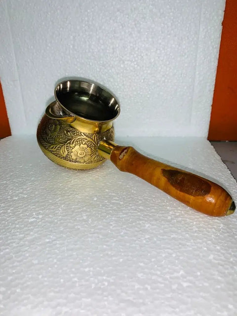 Turkish Greek Arabic Floral Brass Tone Stovetop Coffee Pot Cezve Ibrik Briki With Wooden Handle Handcrafted 180 Ml