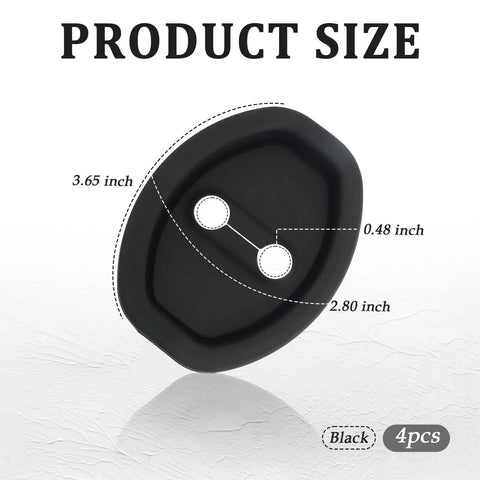 4 Pcs Car Door Latch Guard Covers Silicone Lock Protectors with dimensions displayed, black color, noise reduction, universal fit