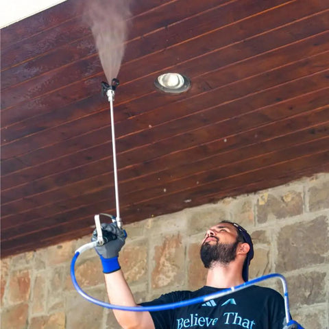 Airless Spray Gun For Paint Sprayers, 7250 PSI Capacity in use on ceiling, aircraft-grade aluminum body, four-finger trigger, easy pull