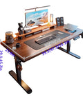 Brown Adjustable Standing Desk With Three Memory Buttons And Anti Collision Safety Tech For Home Office Setup with monitor and accessories.