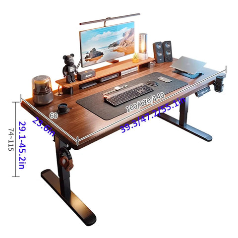 Brown Adjustable Standing Desk With Three Memory Buttons And Anti Collision Safety Tech For Home Office Setup with monitor and accessories.