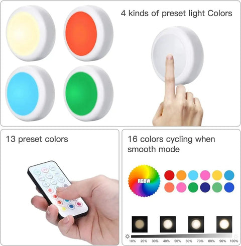 Image showing RGBW options of Six Pack LED Puck Lights With Remote Color Changing RGBW Under Cabinet Lighting Battery Powered Dimmable.