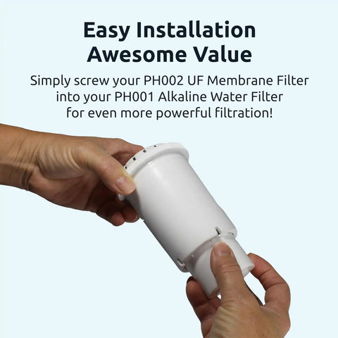 Hands holding Ultrafiltration Alkaline Water Filter Cartridge For Your Pitcher PH002 Replacement 1000 Liter Capacity Alkaline Water System