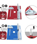 Ridiculously Solid Aluminum Router Table Insert Plate For Your Workshop Slick Sliding Surface Rust Resistant Replacement For Woodworking And Heavy Duty Carpentry Builds Red with blue plate and accessories.