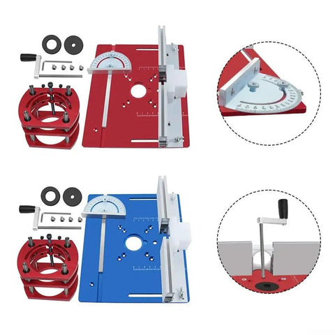 Ridiculously Solid Aluminum Router Table Insert Plate For Your Workshop Slick Sliding Surface Rust Resistant Replacement For Woodworking And Heavy Duty Carpentry Builds Red with blue plate and accessories.