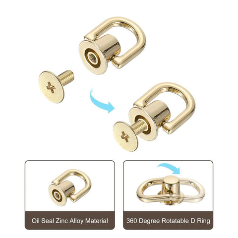 Five Piece D Ring Stud Screw Ball Head Button Rivets Set With Steel Punch Tool And Screwdriver For DIY Leather Craft Purse Hardware Handbag Belt Dog Collar Gold Finish, gold zinc alloy rotatable D ring