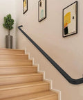 Modern Black Stair Railing Wall Mount Handrail Indoor Staircase Banister Wrought Iron with sleek design on wooden stairs.