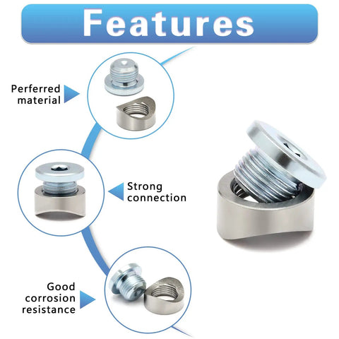 Features of M18x1.5 Notched Style Weld Bung And Plugs Kit, highlighting material, connection, and corrosion resistance.