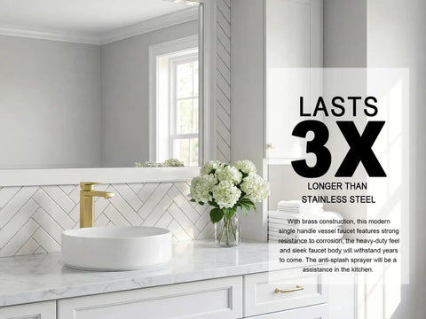 Gold Vessel Sink Faucet in Brushed Gold Finish on white countertop with round sink and flowers in modern bathroom