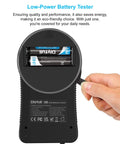 Battery Health Tester For AA AAA C D 9V And More Universal Battery Checker For 12 Types Of Batteries Household Batteries Status Readout Easy To Use Includes Welcome Guide And Lifetime Customer Support, black handheld tester with AAA batteries