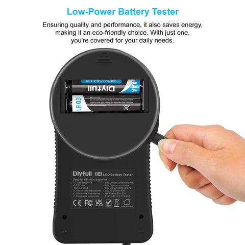 Battery Health Tester For AA AAA C D 9V And More Universal Battery Checker For 12 Types Of Batteries Household Batteries Status Readout Easy To Use Includes Welcome Guide And Lifetime Customer Support, black handheld tester with AAA batteries