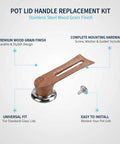 Heavy Duty Stainless Steel Replacement Pot Lid Handle With Realistic Wood Grain Finish And Secure Gasket Kit For Glass Lids That Keeps It Tight While You Cook, wood grain handle and screw