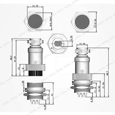 Technical diagram of GX16 2 Pin Panel Mount Circular Aviation Connector Set With Waterproof Cap dimensions and specifications.