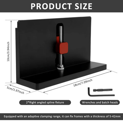 Heavy Duty CNC Aluminum Right Angle Spline Jig Set with adjustable clamping for 5 to 42 mm frame thickness.