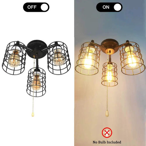 Industrial Black Ceiling Light With Pull Chain And Metal Wire Cage Semi Flush Mount Steampunk Edison Style Fixture 3 Light