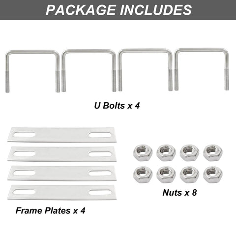 Heavy Duty 304 Stainless Steel Square U Bolts Four Pack With Plates And Nuts M8 Thread 82mm Inner Width 75mm Length package