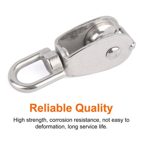 4 Pack M20 Single Pulley Snatch Block Stainless Steel 304 Lift Block With Swivel Hook For One Quarter Inch Rope And Three Quarter Inch Sheave 200 Lb WLL Tough As Nails showing durable metal construction