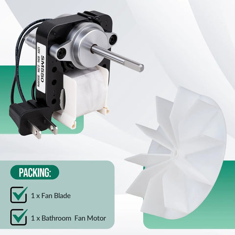 Quiet Bathroom Exhaust Fan Motor Kit For 50 CFM Fans With 3000 RPM 120V Replacement Universal Fit For Nu Tone Models shown unpacked