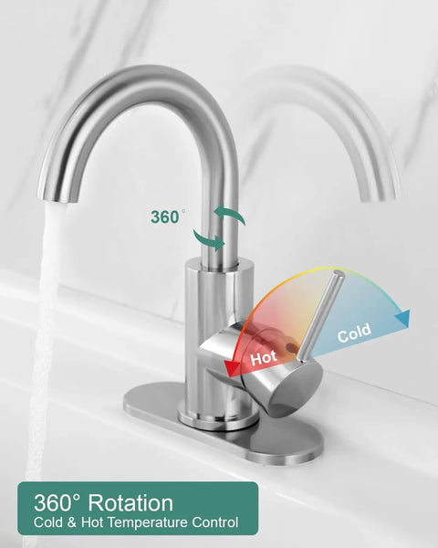 Single Handle Swivel Spout Bathroom Sink Faucet With Pop Up Drain Overflow And Flexible Supply Hose Brushed Nickel Finish Drip Free Ceramic Disc Valve Ideal For Bar Sinks And Small Kitchens with 360-degree rotation and temperature control