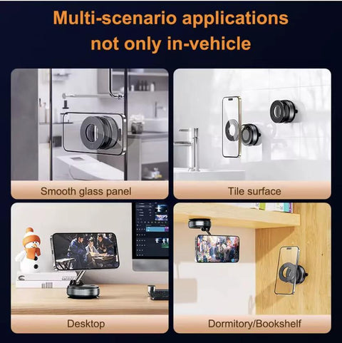 360° vacuum suction car phone mount with magnetic stand; collage shows glass panel, tile surface, desktop, and dorm shelf mounts.