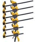 Six Piece Woodworking Bar Clamp Set With Quick Change Button 12 Inch And 6 Inch Nylon F Clamps 150 Lb Load Capacity Light Duty For DIY Projects In The Shop One Handed Spreader Bar Clamps, yellow nylon F clamps