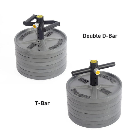 Heavy Duty Kettlebell Handle For Olympic Weight Plates With Loading Pin Double D Bar And T Bar side by side view
