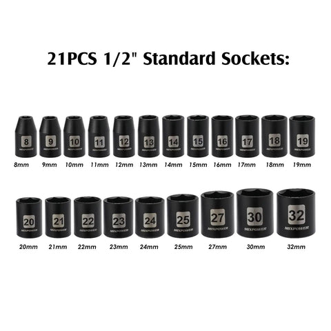 Beefy 49 Piece One Half Inch Drive Impact Socket Set With Deep And Shallow Sockets Metric 8mm To 32mm CRV Steel sockets shown