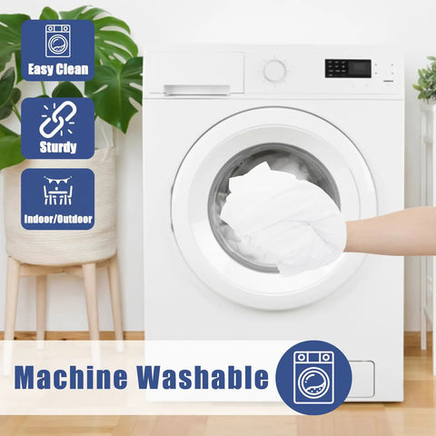 Hand placing Stretchy 6 Ft Rectangle Tablecloths 2 Pack Elastic Fitted Outdoor Table Covers in washing machine