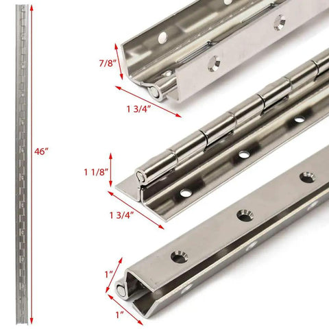 Built Tough 46 Inch Double Offset Piano Hinge In Premium Polished Stainless Steel, showcasing dimensions and mounting details.