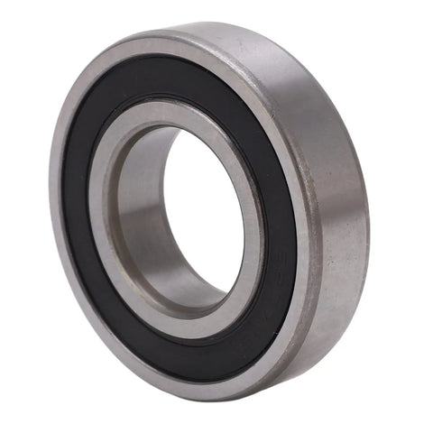 Premium Deep Groove Ball Bearing With Double Rubber Seals For Smooth Low Friction Operation In Cars shown from side angle with visible steel and rubber.
