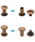 Heavy Duty Chicago Bindpost Screws M5 X 10mm Carbon Steel Antique Bronze Phillips Head showing assembly parts for leather gear crafts.