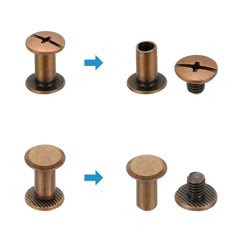 Heavy Duty Chicago Bindpost Screws M5 X 10mm Carbon Steel Antique Bronze Phillips Head showing assembly parts for leather gear crafts.