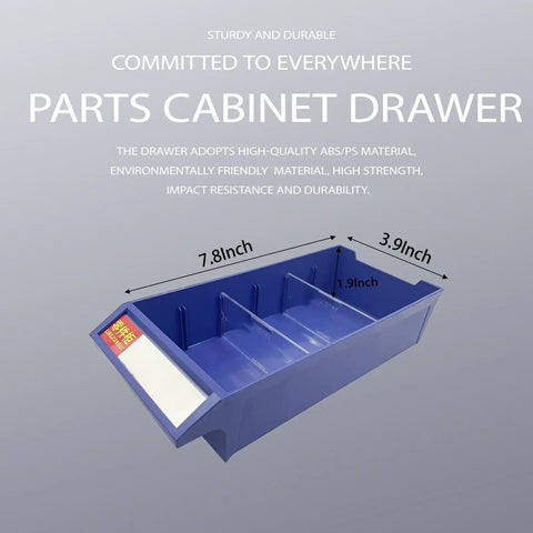 Parts cabinet drawer with dimensions 7.8x3.9x1.9 inches, durable blue plastic, from Built Tough Heavy Duty Hardware Organizer Cabinet With 60 Drawers, Parts Storage Box Without Doors, Metal Tool Storage Cabinet For Small Parts And Racks, Rugged Steel Construction, Ergonomic Handles, Ideal Garage Organization