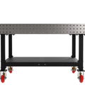 Heavy Duty Mobile Welding Fixture Table, 60X60X36 Inch with laser cut steel surface and locking caster wheels.