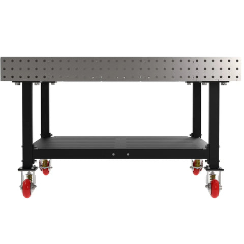 Heavy Duty Mobile Welding Fixture Table, 60X60X36 Inch with laser cut steel surface and locking caster wheels.