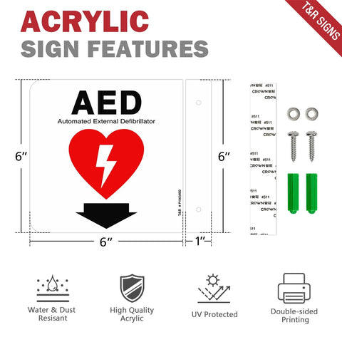 T&R AED sign, 2-pack, acrylic 6x6 inches, white with red heart and down arrow, 2 pre-drilled holes, includes screws