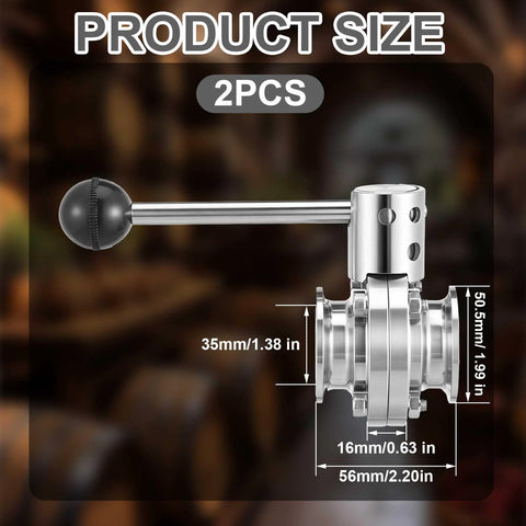 Two-pack sanitary butterfly valves with pull handle, 304 stainless steel, three-clamp Clover, for 1.5-inch tube OD.