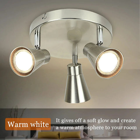 Round Ceiling Spotlight Fixture With 3 Lights, Flush Mount Track Lighting, Brushed Nickel Finish, Adjustable 330 Degree Heads