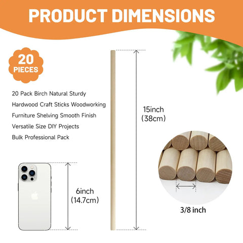 Illustration of Heavy Duty 20 Pack Wooden Dowel Rods 3/8 X 15 Inch Round Unfinished Hardwood Sticks with dimensions and smooth finish.
