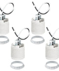 Four Pack Medium Base E26 Ceramic Screw In Lighting Socket With White Decor Ring And Six Inch Pre Wired Lead For Led And Halogen Bulbs, showing sockets and rings.