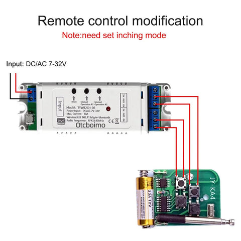 Front view of Otcboimo 2-channel WiFi actuator controller with blue terminal blocks for DC12–24V operation