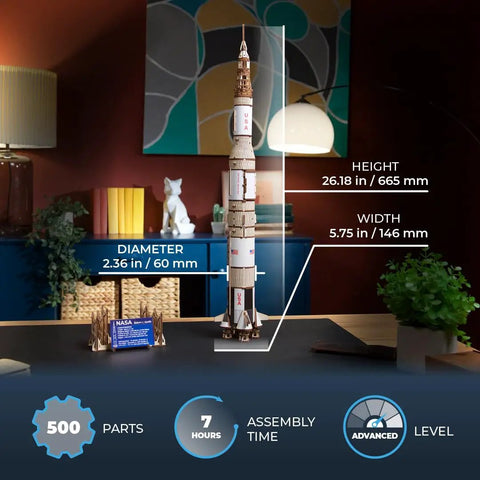Saturn V 3D Puzzle Kit for Adults Wooden Model Rocket Set Space Shuttle Model Aerospace Engineering Gift Epic Nerdy Brain Teaser Hobby Craft Full DIY Kit for Collectors and Builders, 665 mm tall wooden model