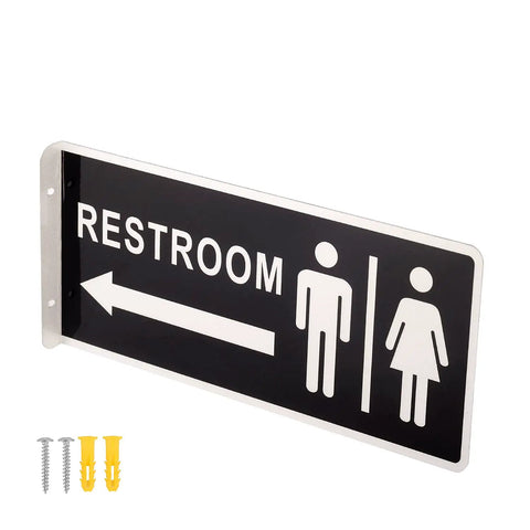Double Sided Aluminum Restroom Sign For Home And Office Doors With Clear Readable Letters On Both Sides Large 12.1 By 5.5 Inches Metal Bathroom Door Sign For Office Home Or Business Environments. Image of the sign with directional arrow and mounting hardware.