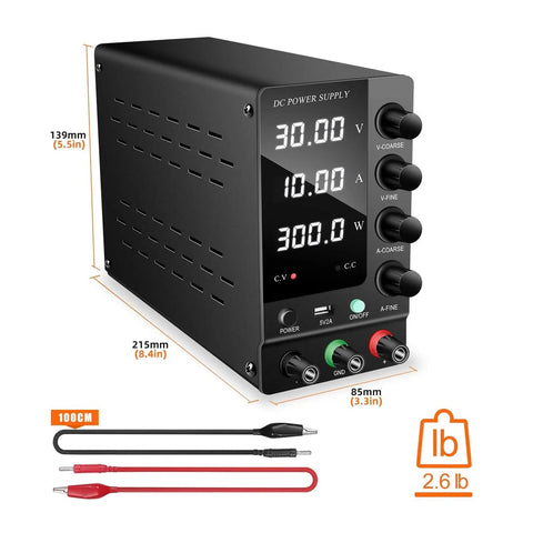 Dope Lab Grade DC Bench Power Supply 30V 10A Plus 60V 5A 120V Switching Regulated Dual Input Dual Display Low Ripple High Efficiency Compact Power Source For Motor Tests And Mobile Electronics Repair, black metal unit with leads