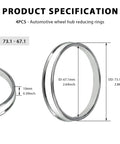 Product specification for 4 Pack Hub Centric Rings 67 To 73mm Wheel Center Bore Adapters Aluminum Alloy Shims.