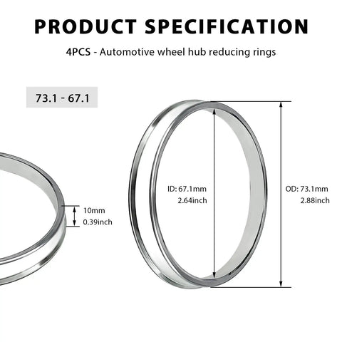 Product specification for 4 Pack Hub Centric Rings 67 To 73mm Wheel Center Bore Adapters Aluminum Alloy Shims.
