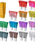 130 Piece Standard Medium Blade Auto Fuse Assortment with various colored fuses and a yellow storage clip for circuit defense.