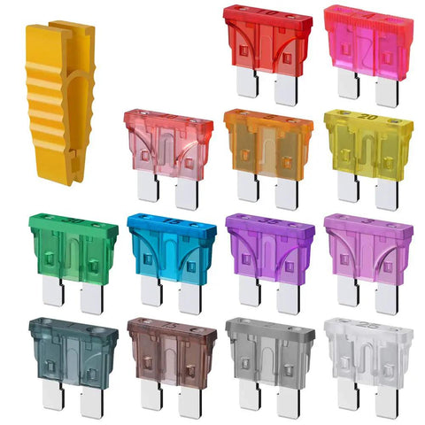 130 Piece Standard Medium Blade Auto Fuse Assortment with various colored fuses and a yellow storage clip for circuit defense.
